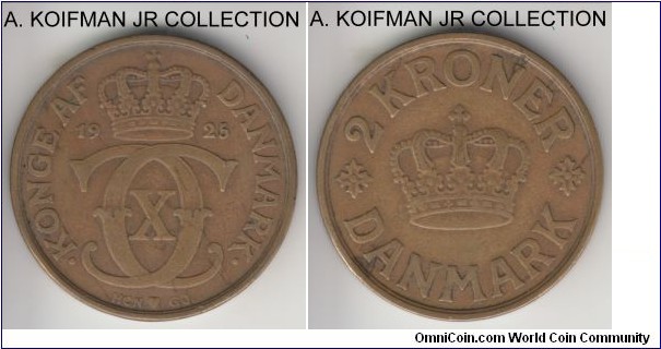 KM-825.1, 1925 Denmark 2 kroner; aluminum-bronze, plain edge; Christian X, large coin, good fine.