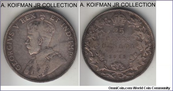 KM-18, 1911 Canada 25 cents; silver, reeded edge; George V, one-year type, very good or almost.