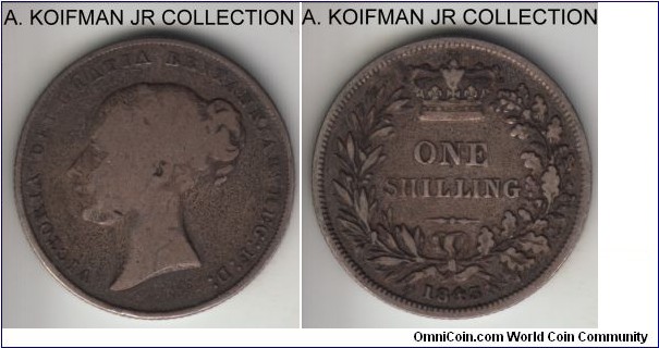 KM-734.1, 1843 Great Britain shilling; silver, reeded edge; early Victoria, well circulated, natural toning.