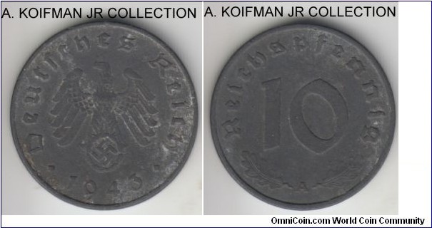 KM-101, 1943 Germany 10 reichspfennig, Berlin mint (A mint mark); zinc, plain edge; war time struck, very fine or better, typical zinc aging.