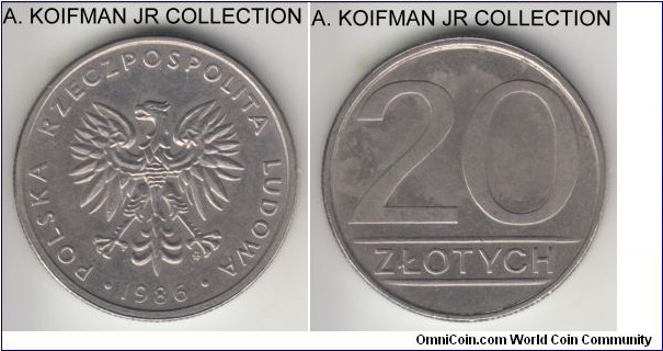 Y#153.1, Poland 1986 20 zlotych; copper-nickel, reeded edge; late socialist Polish People's Republic, toned about uncirculated.
