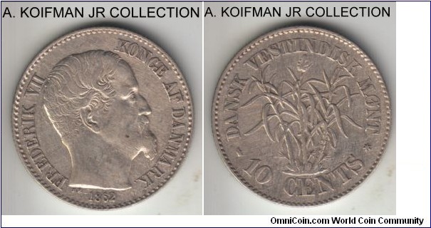 KM-66, 1862 Danish West Indies 10 cents; silver, reeded edge; Frederik VII, 2-year type with small mintage of 140,000, nice extra fine details, but cleaned with clear hairlines.