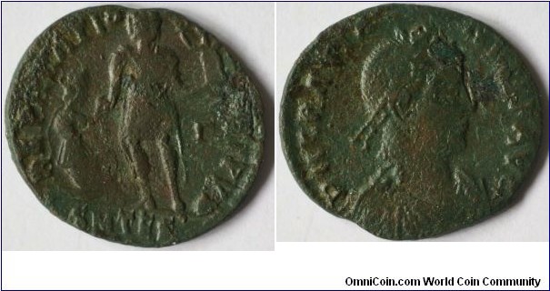 Gratian. 367-383AD.
AE3
REPARATIO REIPVB - Gratian standing front, head left, offering right hand to female on left to rise from kneeling position, in other hand he holds Victory on 

a globe. 
D N GRATIA-NVS P F AVG - Diademed bust right, draped and cuirassed.  
Exe: SMTES
Mintmark SMTES = Thessalonica
3rd Oficina
