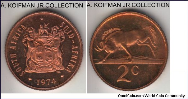 KM-83, 1974 South Africa (Republic) 2 cents; proof, bronze, reeded edge; red proof, mintage 15,000 as part of the annual proof sets.