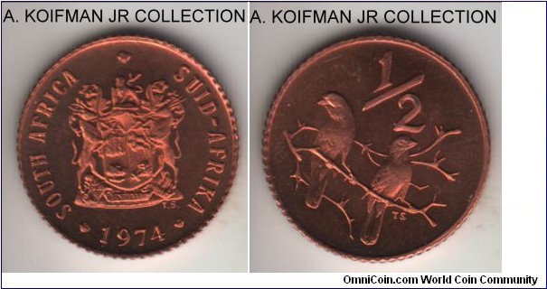 KM-81, 1974 South Africa (Republic) 1/2 cent; proof, bronze, reeded edge; red proof, mintage 15,000 as part of the annual proof sets and 35,000 total including mint sets.