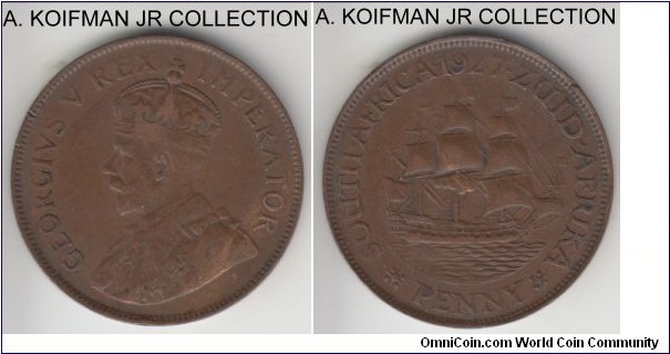 KM-14.2, 1927 South Africa (Dominion) penny; bronze, plain edge; George V second type, good fine or so.