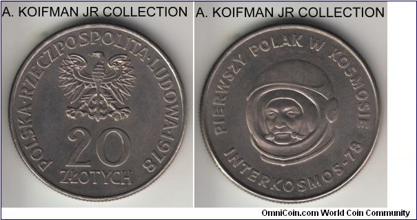 Y#97, Poland 1978 20 zlotych; copper-nickel, reeded edge; First Polish componaut, 1-year circulation commemorative, average uncirculated coin.