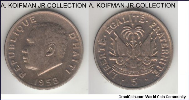 KM-62, 1958 Haiti 5 centimes, Philadelphia mint (USA); copper-nickel, plain edge; one year type, lightly toned uncirculated.