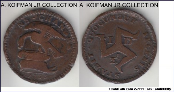 KM-3, 1733 Isle of Man  half penny; copper, plain edge; James Stanley, uncommon, mintage 96,000, about fine with crude edges.