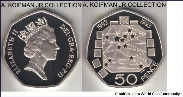 KM-963A, 1992 Great Britain 50 pence; proof, silver, plain edge, curved heptagonal (7-sided) flan; Elizabeth II, UK presidency in the EU Council of ministers commemorative, mintage 26,890 (Numista) to 35,000 (est. Krause), deep cameo brilliant proof.