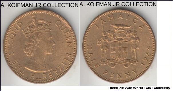 KM-38, 1964 Jamaica half penny; nickel-brass, plain edge; last Elizabeth II type before the independence, average uncirculated, lightly toned.