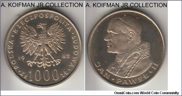 Y#144, Poland 1982 1000 zlotych, Warsaw mint (MW mint mark in monogram); silver, plain edge; Pope John Paul II visit to Poland commemorative, first of the 2 years minted, toned proof like uncirculated.