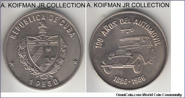KM-134, 1986 Cuba peso; copper-nickel, plain edge; 100'th anniversary of automobile commemorative, mintage 3,000, lightly toned uncirculated.