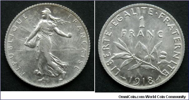 France 1 franc.
1918, Ag 835.