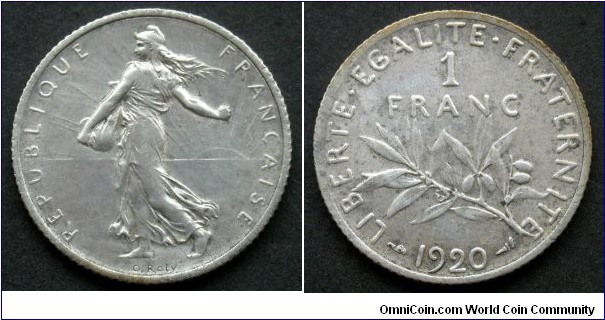 France 1 franc.
1920, Ag 835.
