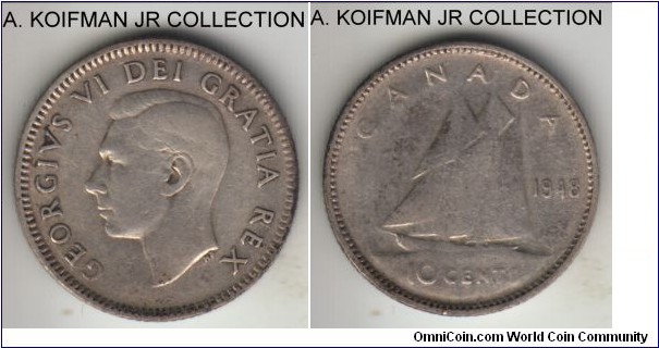 KM-43, 1948 Canada 10 cents; silver, reeded edge; George VI, second type with IMP. IND. dropped, scarcer small mintage, good fine and likely cleaned in the past.