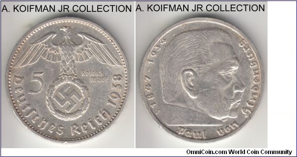 KM-94, Germany (Third Reich) 5 reichsmark, Stuttgart mint (F mint mark); silver, lettered edge; scarcer mint, nice bright almost uncirculated.