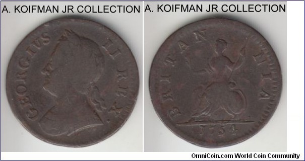 KM-579.2, 1754 Great Britain farthing; copper, plain edge; George II, I believe it is KM-579 and not KM-578, but not sure, GEORGIVS, average good fine.