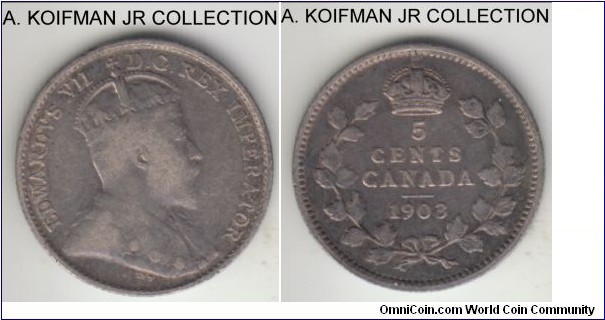 KM-13, 1903 Canada 5 cents, Royal Mint (no mint mark); silver, reeded edge; Edward VII, first year of the type, 22 leaves, naturally toned very good to about fine.