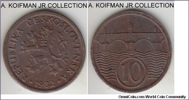 KM-3, 1932 Czechoslovakia 10 haleru; bronze, plain edge; first Republican coinage, brown almost uncirculated.