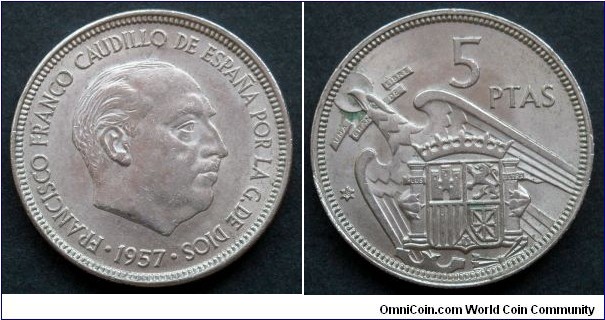 Spain 5 pesetas.
1957 (1968)