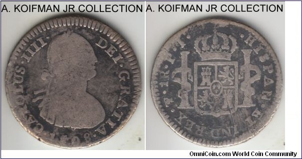KM-70, 1808 Bolivia real, Potosi mint (PTS mintmark), PJ essayer; silver, circle and square grained edge; Charkes IV, very good or about.