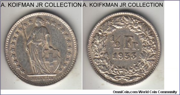 KM-23, 1953 Switzerland 1/2 franc, Berne mint (B mint mark); silver, reeded edge; decent circulated grade, extra fine or so.