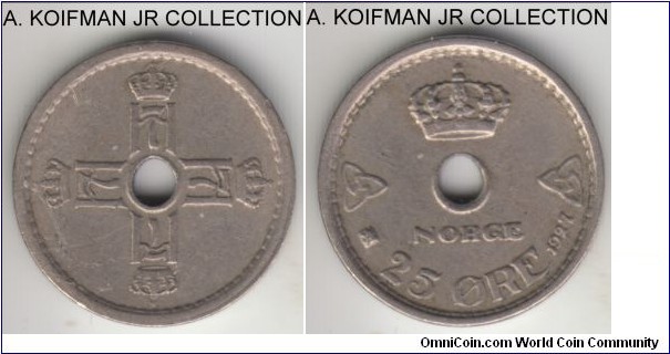 KM-384, 1927 Norway 25 ore; copper nickel, plain edge; Haakon VII, good fine or better.