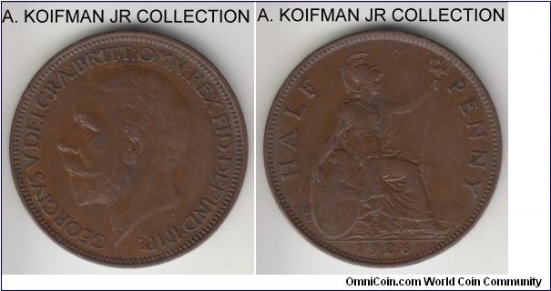 KM-824, 1926 Great Britain 1/2 penny; bronze, plain edge; George V, modified effigy, scarcer year, decent brown good extra fine.