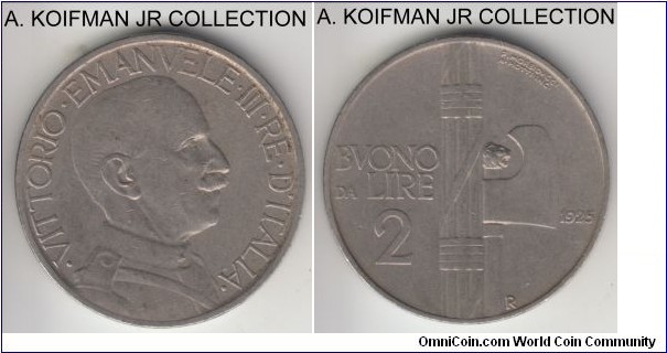 KM-63, 1925 Italy 2 lire; nickel, plain edge; Vittorio Emmanuele III, toned extra fine or so, nickel is a hard metal to wear but King's head and shoulder are barely touched.