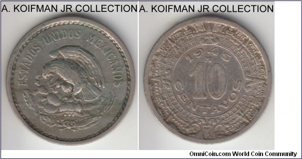 KM-432, 1945 10 centavos, Mexico mint (M mint mark); copper-nickel, plain edge; average circulated.