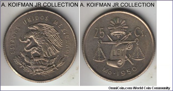 KM-443, 1953-Mo Mexico 25 centavos; silver, reeded edge; reduced silver issue, short liver type, toned average uncirculated.