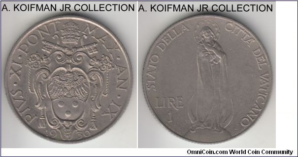 KM-5, 1930 Vatican lire; copper-nickel, reeded edge; Pius XI, year IX,  toned uncirculated, mintage 80,000.