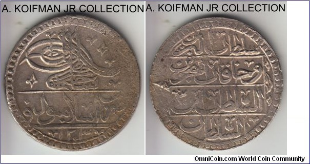 KM-507, DAV EC IV#334, AH1203//03 (1791) Turkey (Osman Empire) yuzluk (100 para), Istambol (Istanbul) mint; silver, plain edge, 31.4 gr, 43.5 mm; Selim III, not a common coin, very sharp details - except where it was attched to jewelry piece of some sort, the edge may have been altered too, but details present are extra fine or so, of course cleaned.