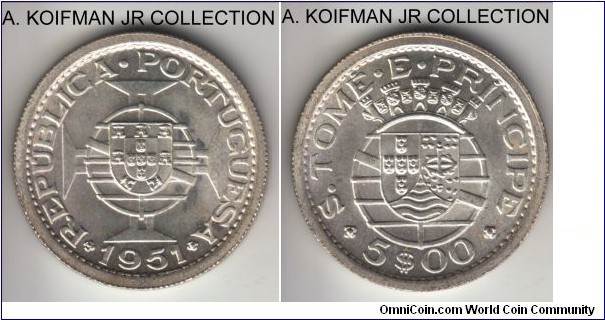 KM-13, 1951 St. Thomas and Principe (Portuguese colony) 5 escudo; silver, reeded edge; gem brilliant uncirculated, mintage 72,000.