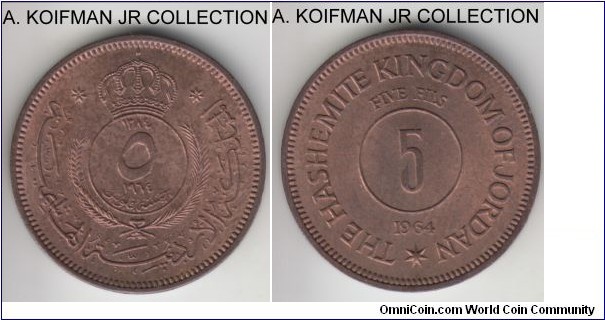 KM-9, AH1384 (1964) Jordan 5 fils (1/2 girsh); bronze, plain edge; young King Hussein, red brown uncirculated.