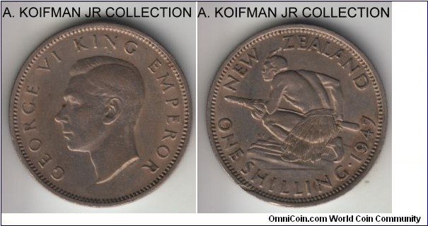 KM-9a, 1947 New Zealand shilling; copper-nickel, reeded edge; George VI, first post war copper-nickel coinage and one year type as IMP IND had to be removed when India was granted independence, decent circulated grade, good very fine or so, Maori warrior skirt is well preserved.