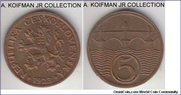 KM-6, 1923 Czechoslovakia 5 haleru; BRONZE, plain edge; first Republican coinage, uncirculated or almost for wear but a couple of spots on obverse.