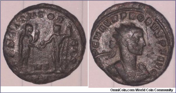 Probus 276-278Ad, Antoninianus. Size 21mm and weighs 3.76g. RESTITVTOR ORBIS - Emperor in military garb, standing right, holding sceptre, receiving globe from Jupiter. MS in lower centre. IMP C M AVR PROBVS PF AVG - Radiate and cuirassed bust right. Mintmark KA?=Serdica.