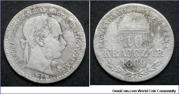Hungary 10 krajczar.
1869 KB - Kremnica/ Körmöcbánya/Kremnitz. Ag 400. 