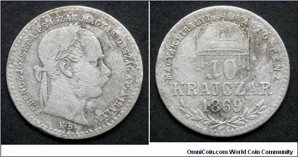 Hungary 10 krajczar.
1869 KB - Kremnica/ Körmöcbánya/Kremnitz. Ag 400. 