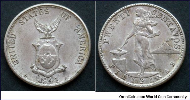 Philippines (U.S. Administration) 20 centavos. 1944 D - Denver Mint. Ag 750.