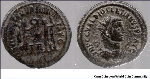 Diocletian 284Ad. AE Antoninianus. IOVI CONSERVATORI AVG, Victory walking right, holding palm, presenting wreath to emperor, standing left, holding globe and sceptre. TR in lower centre. IMP CC VAL DIOCLETIANVS PF AVG, radiate, draped, cuirassed bust right. Mintmark XXI=Tripolis.