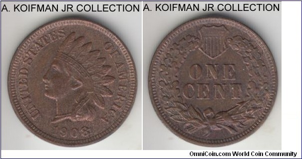 KM-90a, 1908 Unites States of America cent; bronze, plain edge; mostly brown uncirculated.