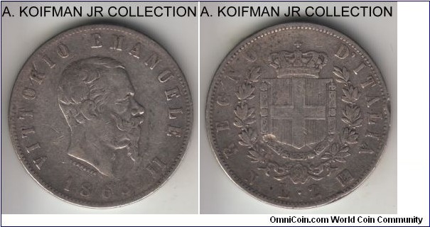 KM-6a.1, 1863 Italy (Kingdom) 2 lire, Naples mint (N mint mark); silver, lettered edge; Vittorio Emanuele II, 1 year type, average circulated, small edge nick and a gouge on reverse.