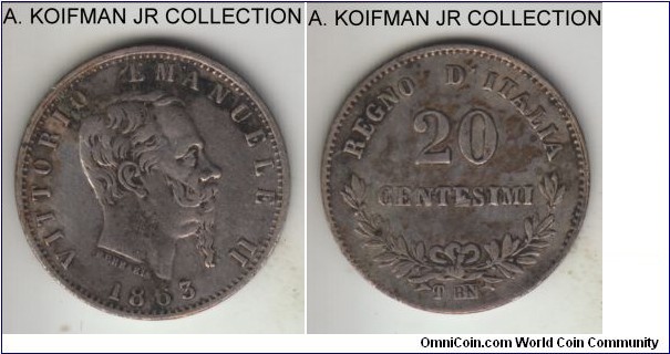 KM-13.2, 1863 Italy (Kingdom) 20 centesimi, Turin mint (T mint mark); silver, plain edge; Vittorio Emanuele II, about very fine details, obverse deposits and slight off-center strike.