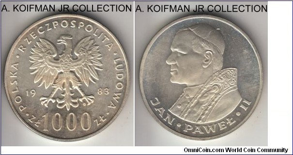 Y#144, Poland 1983 1000 zlotych, Warsaw mint (MW mint mark in monogram); silver, plain edge; Pope John Paul II visit to Poland commemorative, second of the 2 years minted, toned proof like uncirculated.