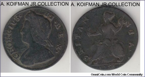 KM-566, 1736 Great Britain half penny; copper, plain edge; George II, young bust, recut date looks 5/3, good fine.