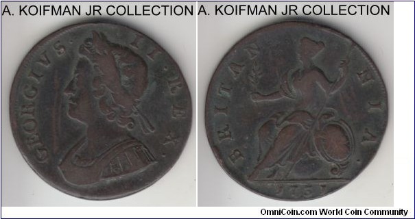 KM-566, 1737 Great Britain half penny; copper, plain edge; George II, young bust, nice good detail, about very fine.