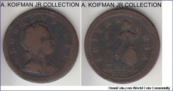 KM-557, 1722 Great Britain 1/2 penny; copper, plain edge; George I, good to about very good, no damage or corrosion, just wear.
